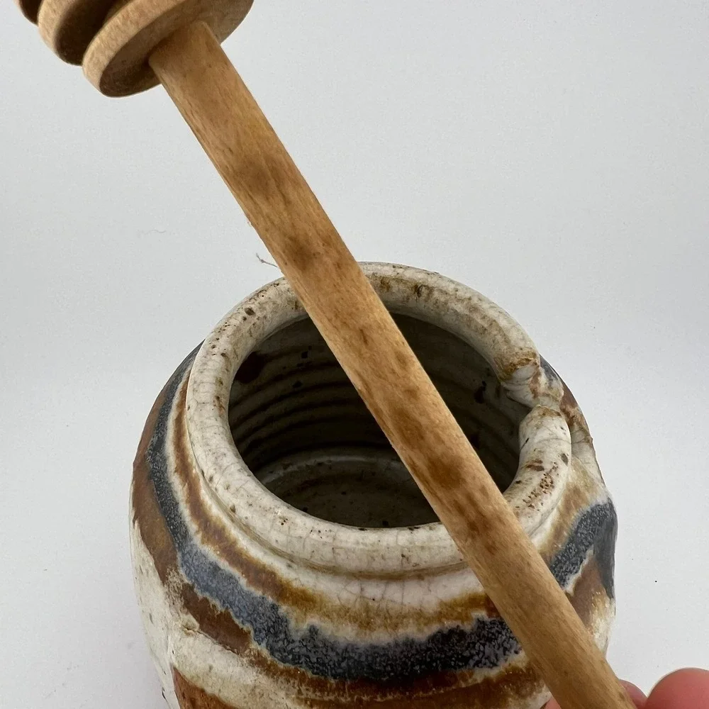 Golden Pottery Honey Jar Crock Lid Wood Dipper Heavy Stoneware Vintage